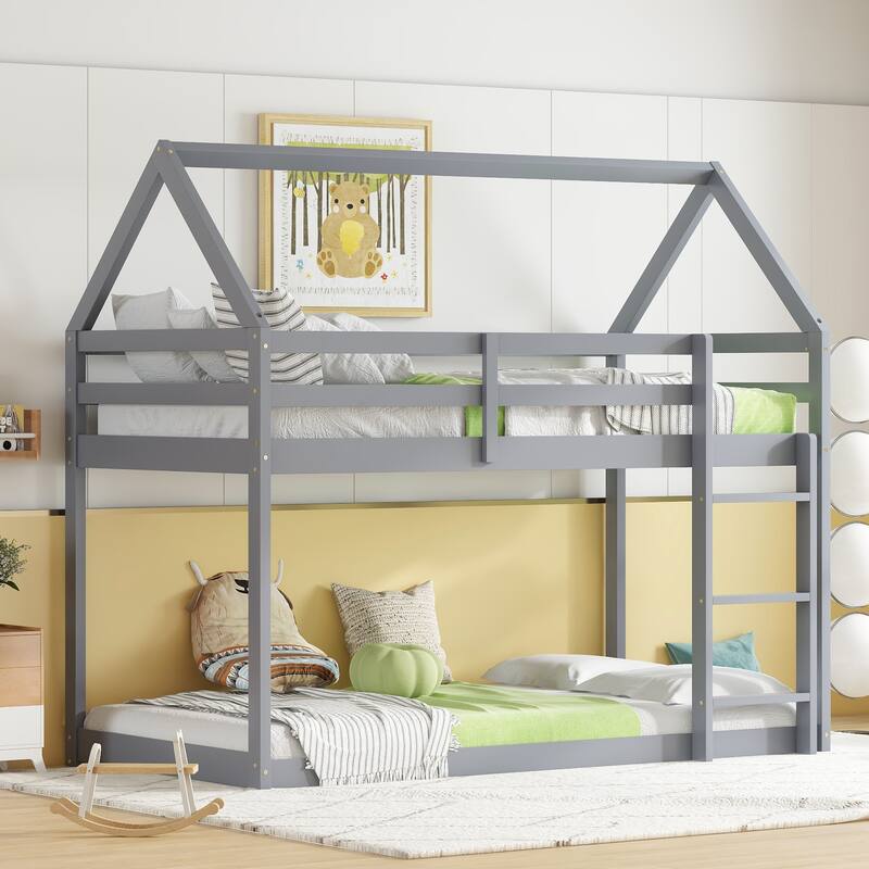 Grey Twin over Twin House-Shaped Bunk Bed with Ladder, Guardrails, and Low Height Design - Grey - Twin
