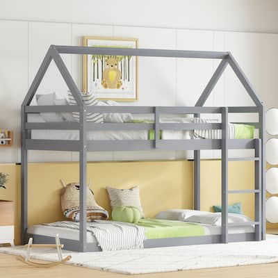 Twin over Twin Rubber Wood Floor Bunk Bed, Solid Wood Twin Size House Shaped Bunk Bed Frame with Roof and Guardrails
