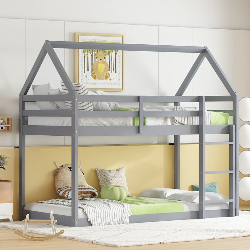 Twin over Twin Rubber Wood Floor Bunk Bed with Ladder, Guardrails, and House-Shaped Design, Pink Kids Bunk Bed
