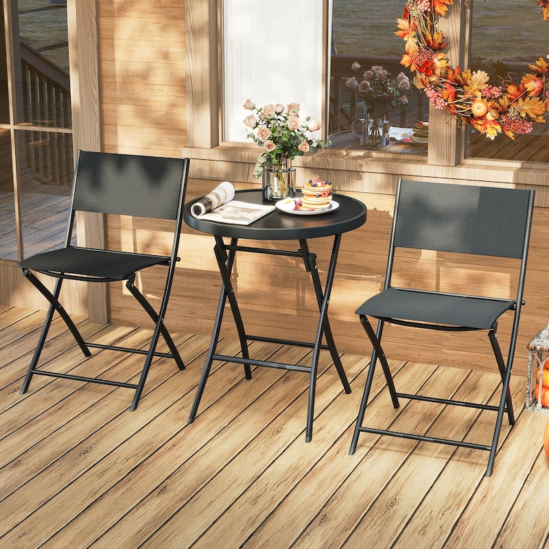 Costway 3 PCS Folding Patio Bistro Set with Tempered Glass Coffee - See Details - Black