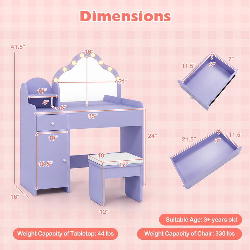 Gymax Kids Vanity Set Princess Pretend Play Makeup Desk w/ Cute