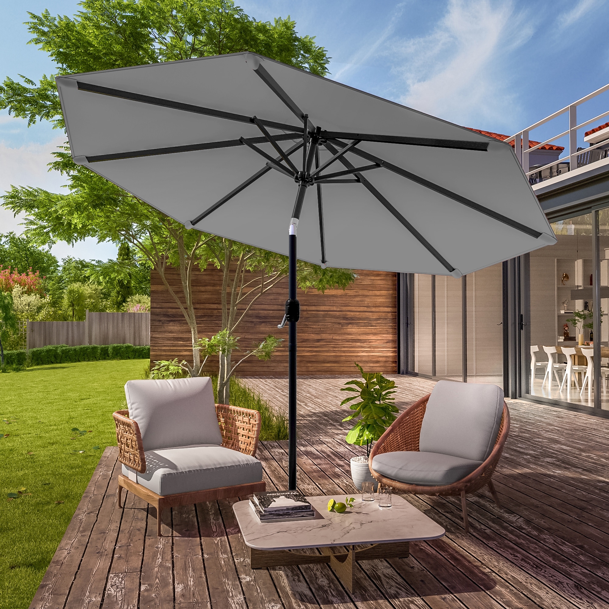 LIVOOSUN 9Ft Large Round Outdoor Patio Market Umbrella with Crank and 8 Ribs, Gray
