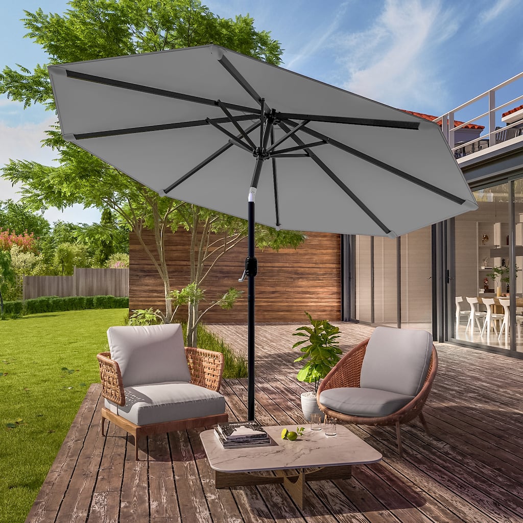 LIVOOSUN 9Ft Large Round Outdoor Patio Market Umbrella with Crank and 8 Ribs, Gray