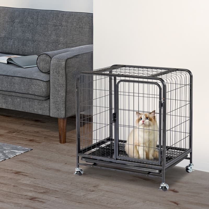 Black Metal Pet Crate Cage Kennel With Wheels