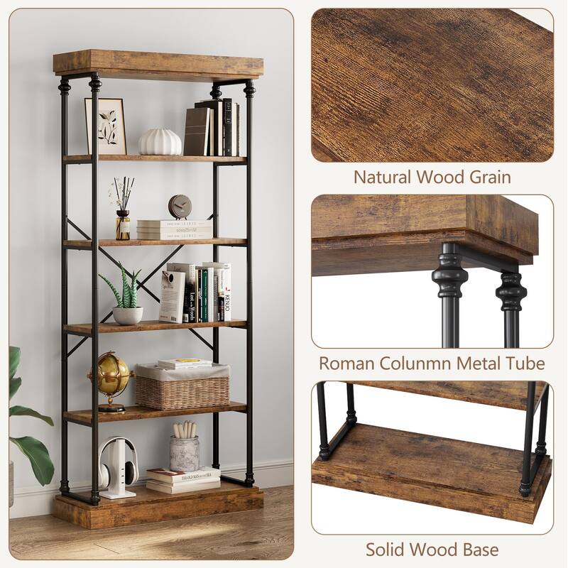 Bookshelf Industrial Bookcase Wooden Storage Open Rack Shelf with Metal Frame