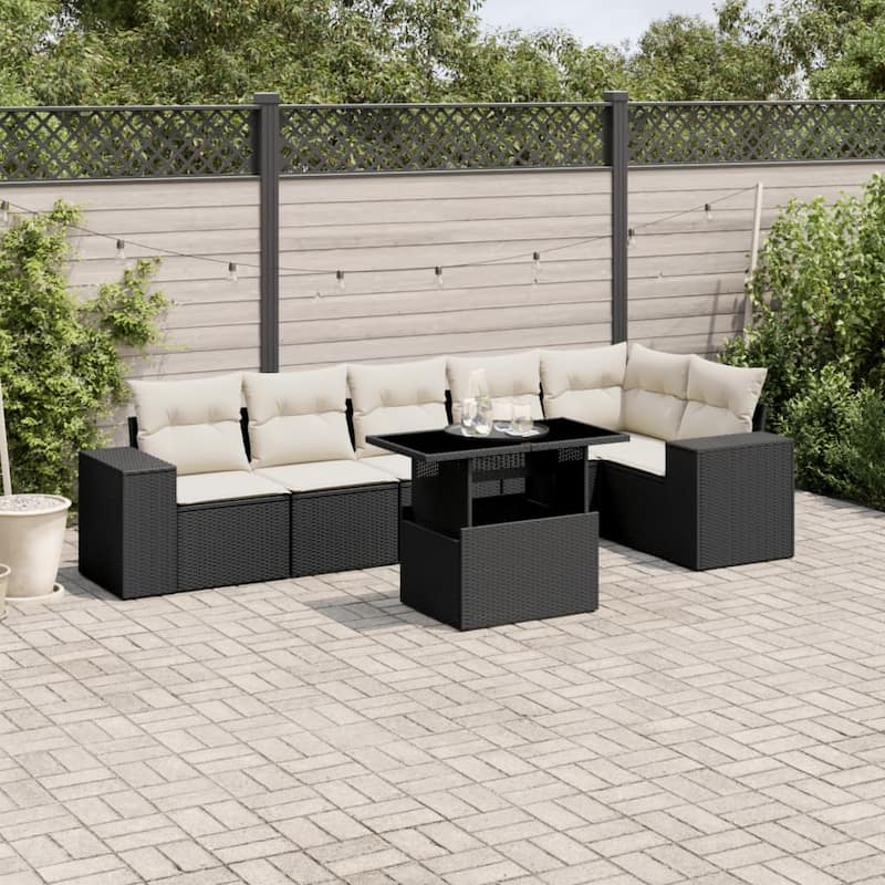 vidaXL Patio Sofa Set with Cushions Outdoor Furniture 7 Piece Poly Rattan - 21.7 x 39.4 x 28.7 - Black and Cream