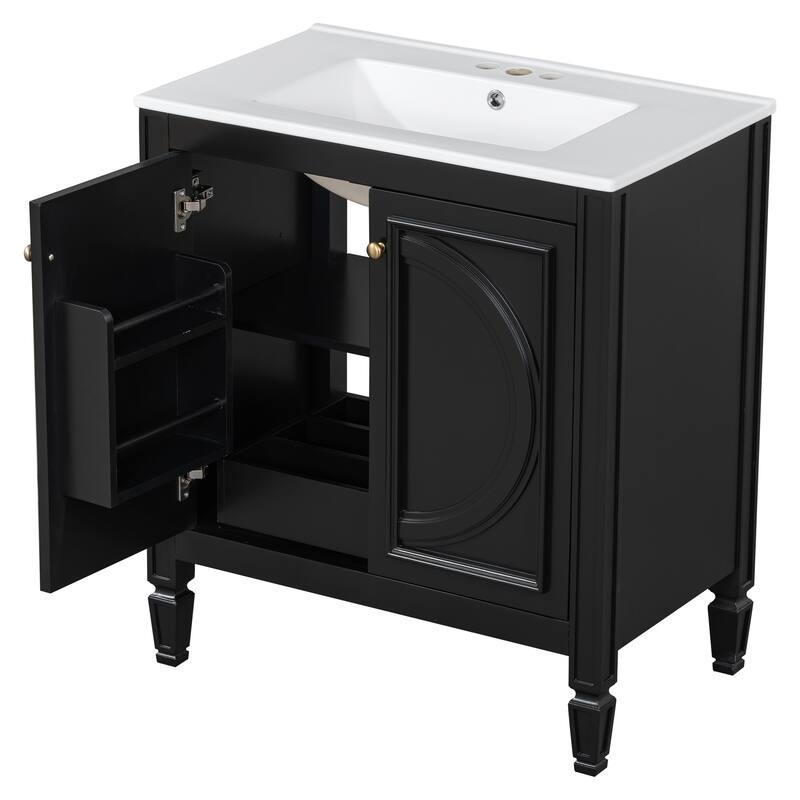 Green 30-Inch Freestanding Vanity with Ceramic Sink, Soft-Close Doors, Adjustable Shelf, and Retro Legs