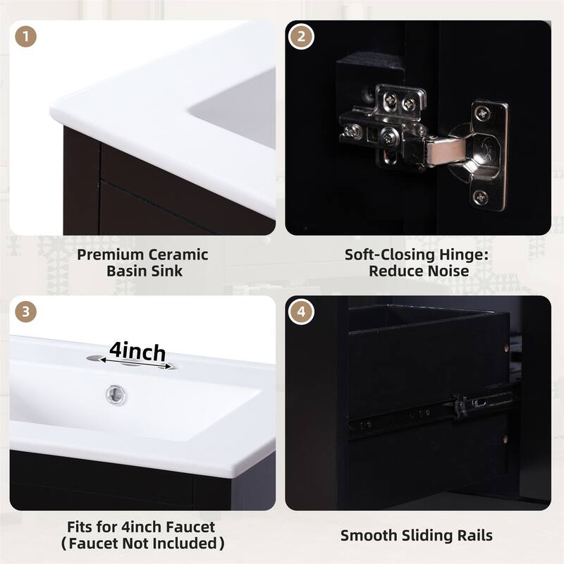 24" Modern Bathroom Vanity with Ceramic Basin and 2 Drawers