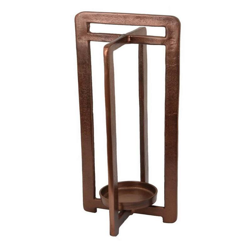 Eya 21 Inch Modern Tabletop Candle Lantern with Round Plate, Copper Metal