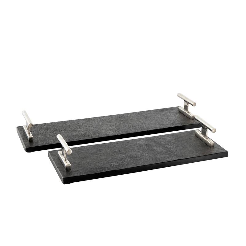 Black Marble Textured Living Room Decor Tray with Silver or Black Rod Handles (Set of 2)