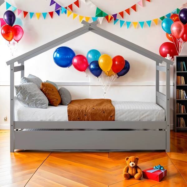 slide 2 of 13, Full Size Wooden House Bed Platform Bed with Twin Size Trundle and Solid Construction For Home Grey