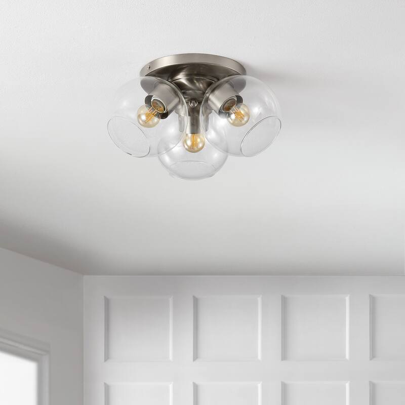 Piper 11.5" 3-Light Farmhouse Rustic Iron/Glass LED Semi Flush Mount, Oil Rubbed Bronze/Clear by JONATHAN Y - 3 Light