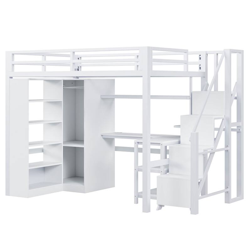 Full-Size Metal Loft Bed with Built-in Wardrobe, L-Shaped Desk, Charging Ports, and Multi-Layer Storage Shelves