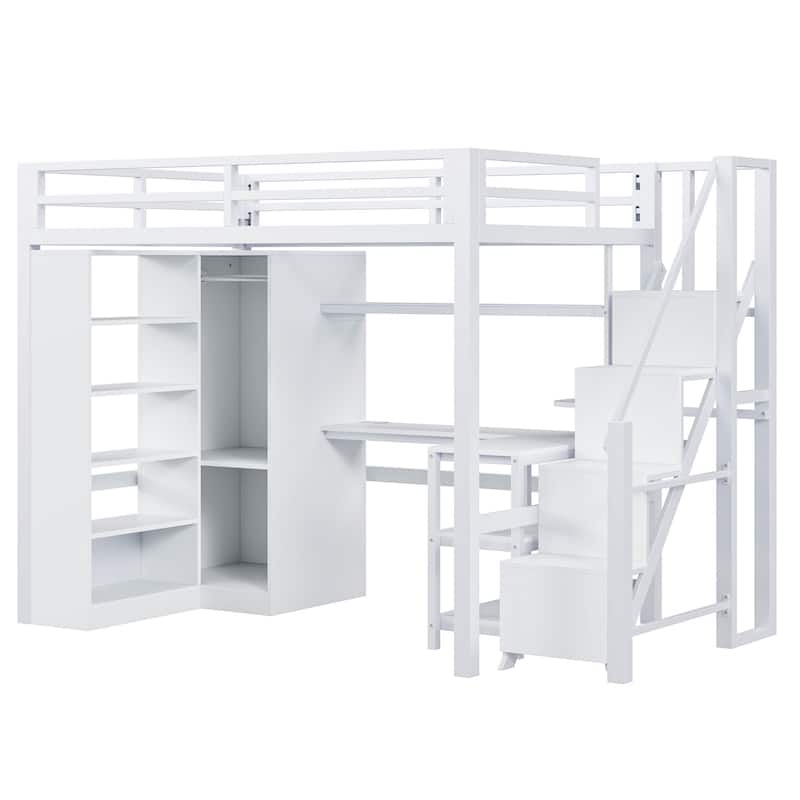 Loft Bed with Desk, USB Ports, 5-Layer Shelf, Space-Saving Metal Loft Bed Frame with Wardrobe and Stairs, Easy Assembly