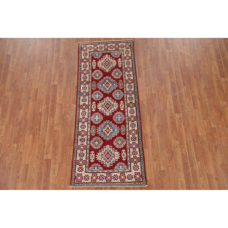 Hand Knotted Oriental 100% Wool Carpet Traditional Geometric Red Kazak Runner Rug - 6' 8'' X 2' 8''