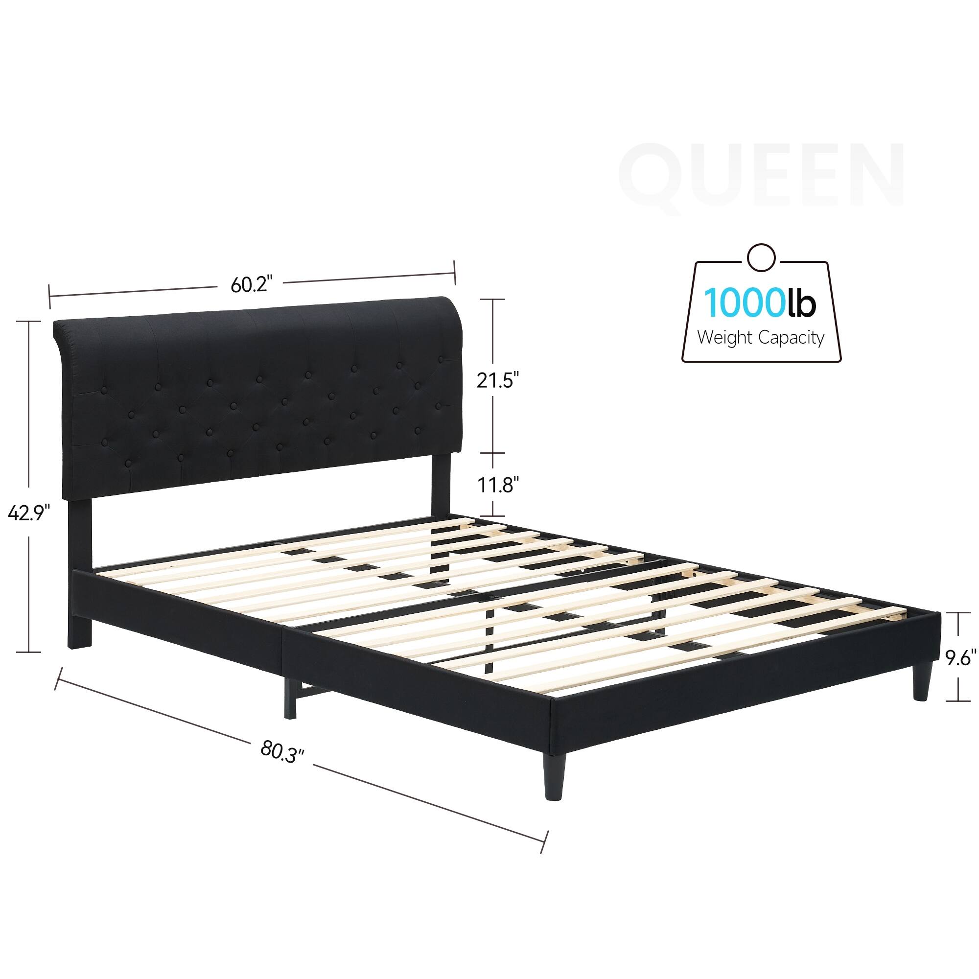 Queen Size Upholstered Bed Frame with Curved Adjustable Headboard Bed