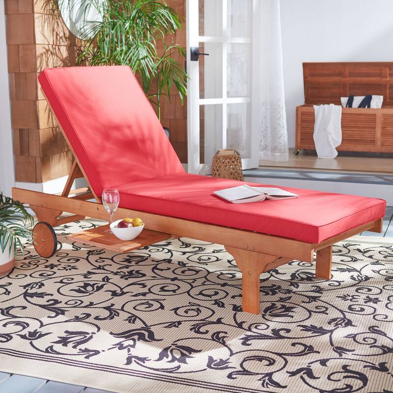 SAFAVIEH Outdoor Aubrie Adjustable Chaise Lounge Chair with Wheel. - Natural/Red.