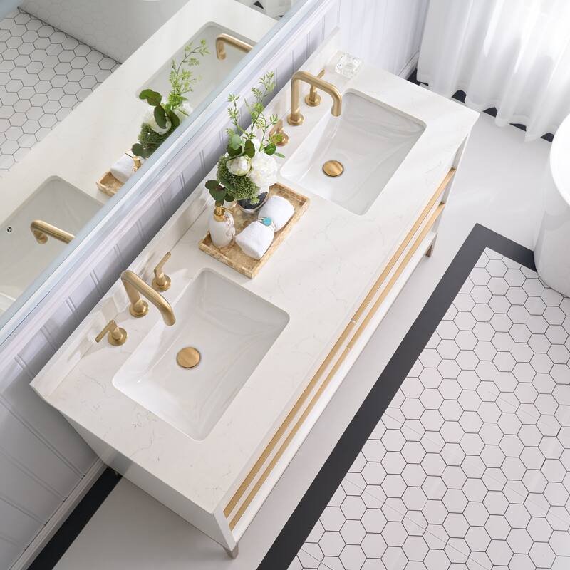 36"/48"/60" W Width Solid Wood Bathroom Vanity with Stain-resistant Carrera White Quartz Top and Sink