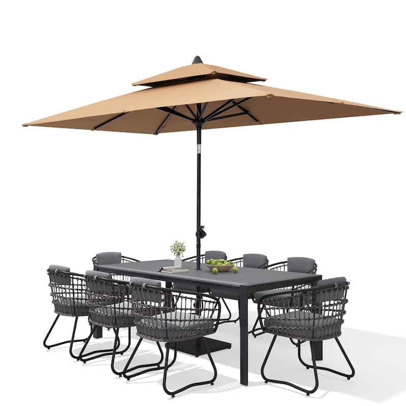 9/11-Piece Outdoor Patio Dining Set Aluminum Table and Chairs w/10 ft Market Umbrella and Base