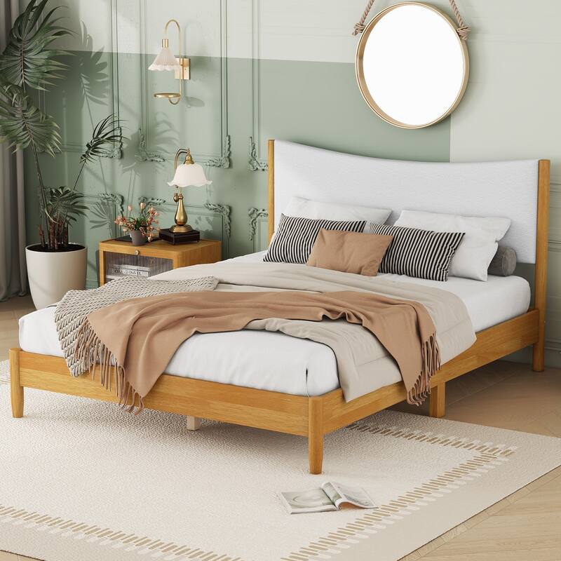 Queen Size Solid Rubber Wood Bed with Velvet Upholstered Headboard and Storage