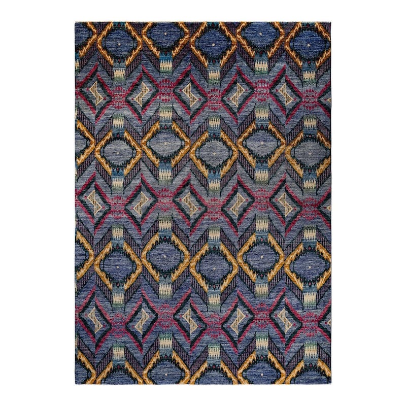 Overton Hand Knotted Wool Vintage Inspired Modern Contemporary Modern Blue Area Rug - 9' 0" x 12' 2"