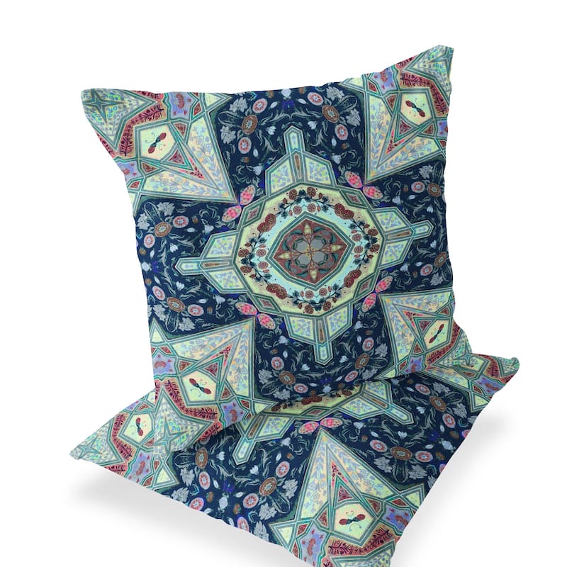 HomeRoots Set of Two 16" X 16" Blue and Green Blown Seam Floral Indoor Outdoor Throw Pillow - 16.00' X '16.00' X '5.00