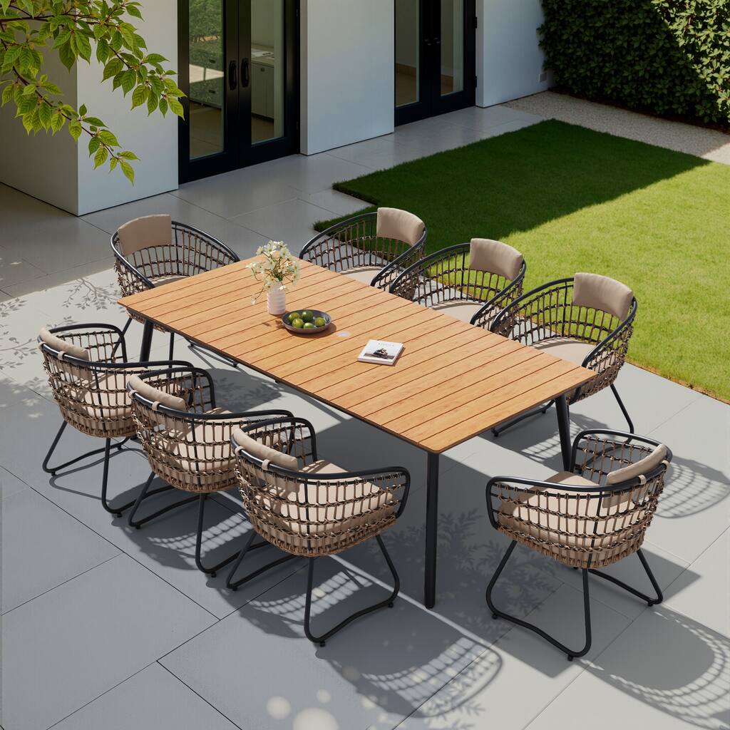 9-Piece Outdoor Patio Dining Set Wood-Like Table Top Alumium Umbrella Hole Table with Rattan Chairs