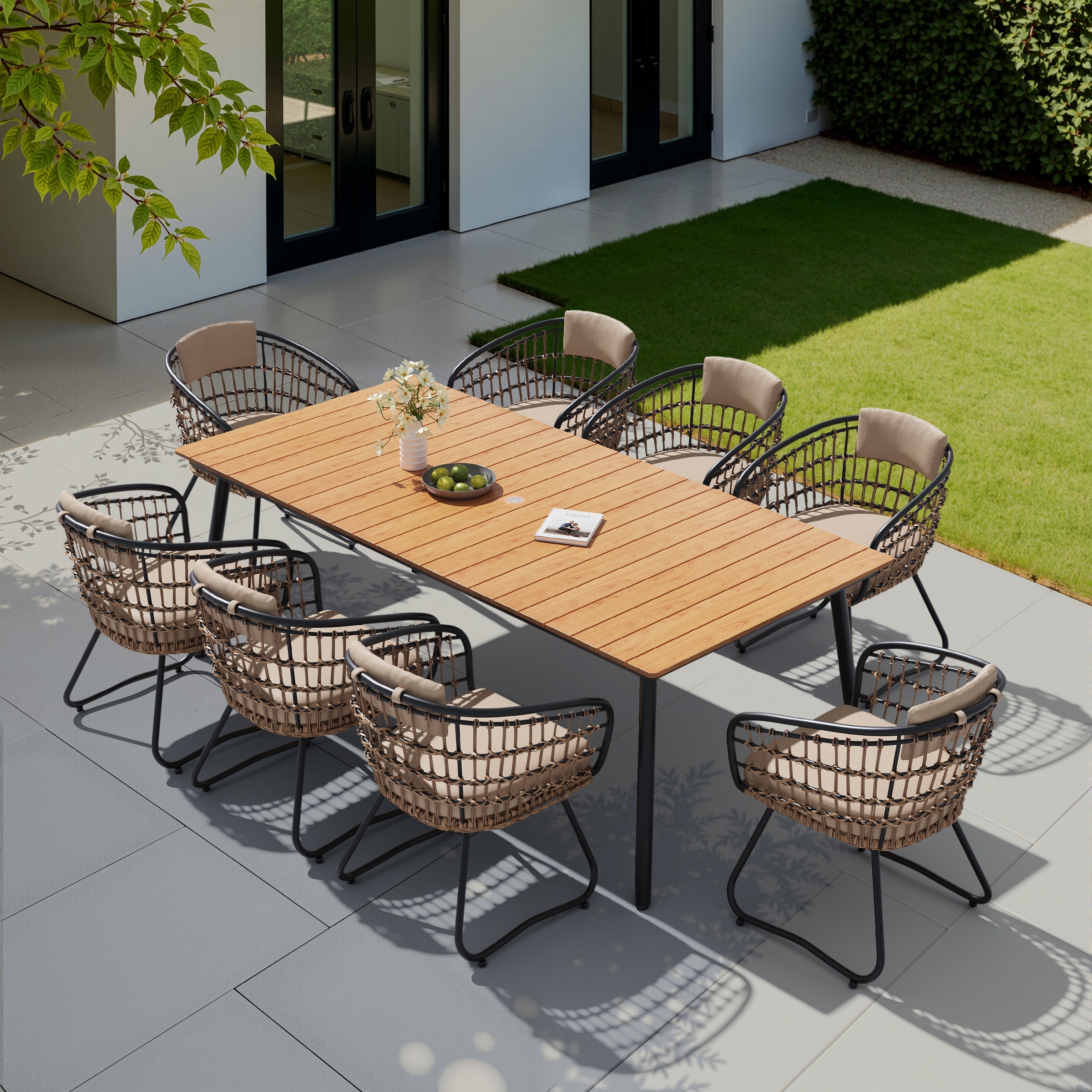 9-Piece Outdoor Patio Dining Set Wood-Like Table Top Aluminum Umbrella Hole Table with Rattan Chairs