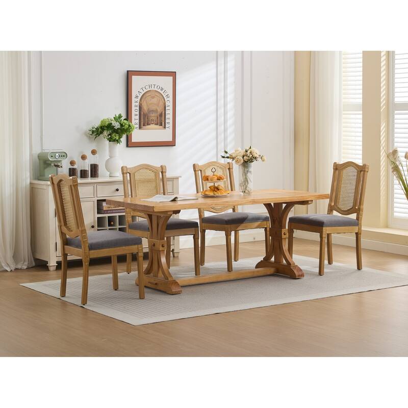 Roomfitters French Country Dining Chairs Set of 2 with Rattan Back and Upholstered Seat, Farmhouse Wood Side Chairs