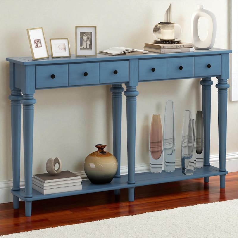 59.8" Rustic Entryway Console Table with 4 Drawers and Open Shelf, Retro Pine Veneer Hallway Accent Table