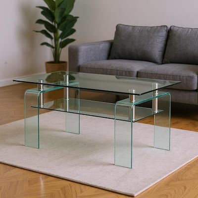 HomeRoots 39" Clear Glass Coffee Table With Shelf - 39.37 in. x 17.71 in. x 21.65 in.