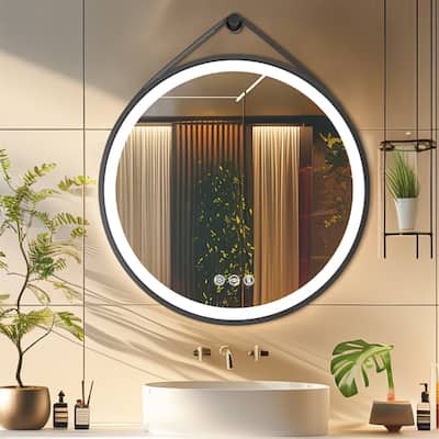3 Size Round LED Bathroom Mirror Lights Dimmable w/Leather Strap Demister
