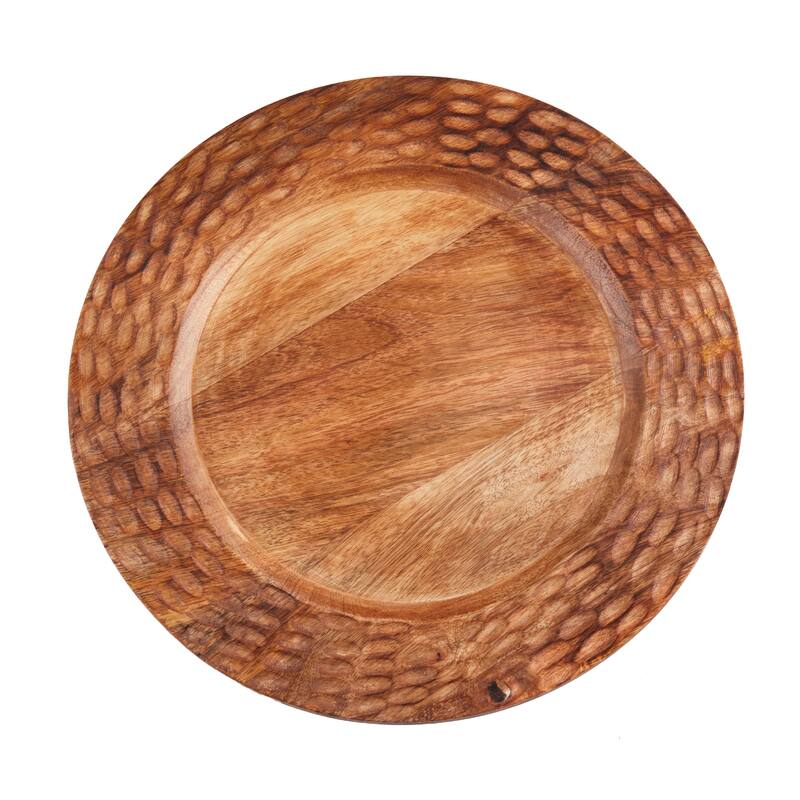 Textured Mango Wood Decorative Charger Plates (Set of 4) - Rustic Round Table Chargers for Dining & Entertaining, 13" - 4 Piece - Natural