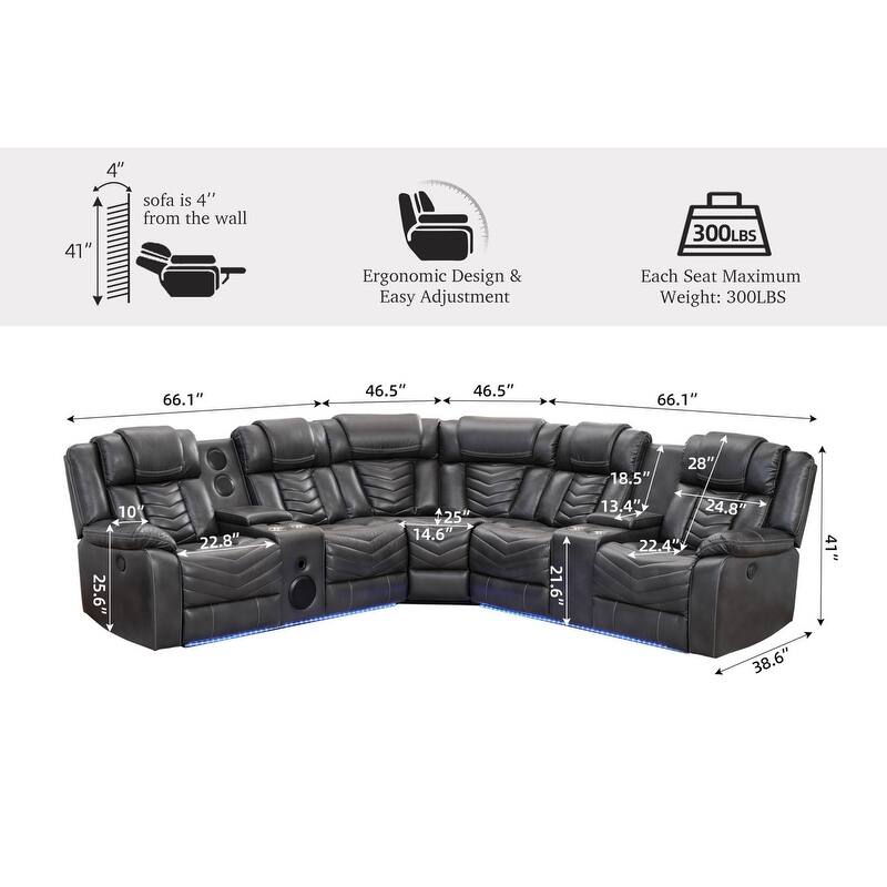 Comfort Stretch Black Faux Leather Power Reclining Sectional Sofa w/Bass Speaker LED Light USB Port,Cup Holder,Storage Console