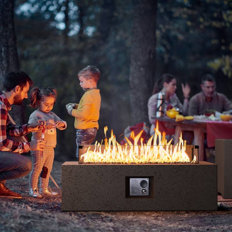 COSIEST Outdoor Rectangular Propane Fire Pit with Wind Guard, Tank Cover Table - Brown