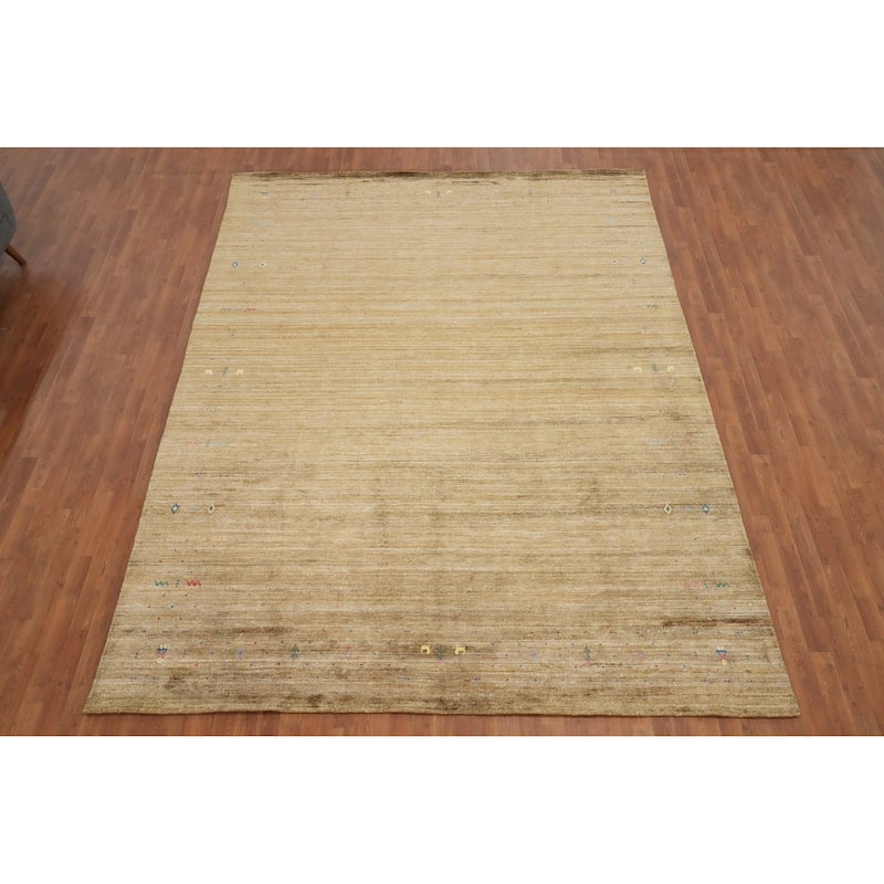 Hand Knotted Oriental Viscose Silk Carpet Tribal Animal Pictorial Yellow & Gold Gabbeh Area Rug - 11' 11'' X 8' 11''