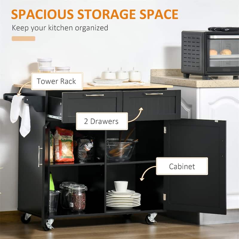 41" Modern Rolling Kitchen Island, Utility Cart with Rubberwood Top