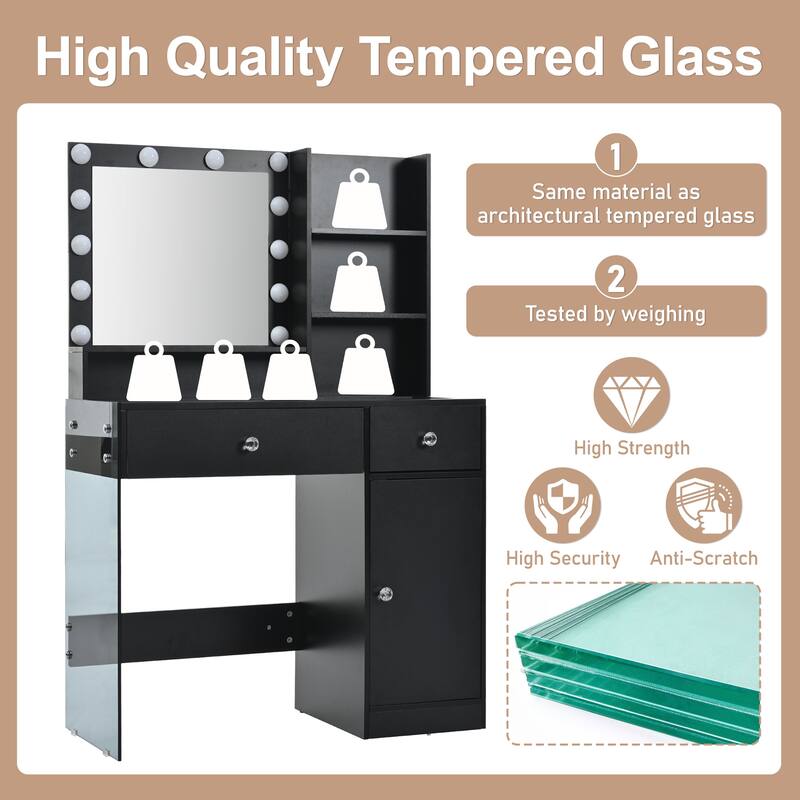Vanity Desk with Mirror & Lights, Glass Top Dressing Table, Makeup Table with Charging Station, 2 Drawers & Cabinet