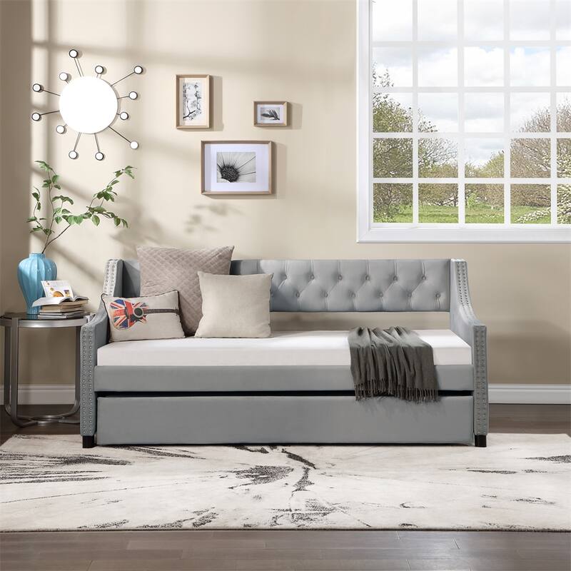Full Size Daybed with Trundle Upholstered Tufted Sofa Bed with Button