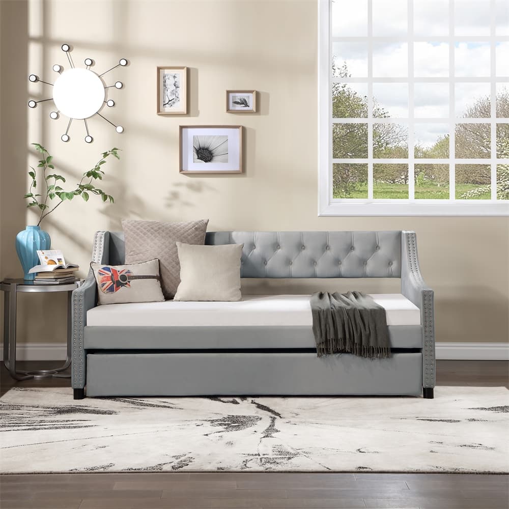 Full Size Daybed with Trundle Upholstered Tufted Sofa Bed with Button