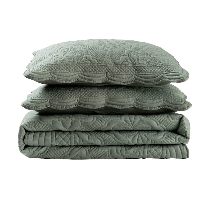 Wholinens 3 Piece Scalloped Edge Floral Bedspread Quilt Set