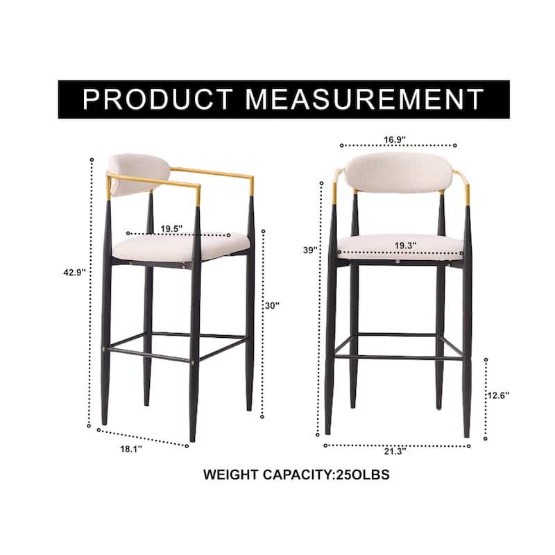 Modern Upholstered Bar Stool with Gold-Accented Armrests - 23" Seat Height,Ergonomic Design for Kitchen Island,2PCS/CTN