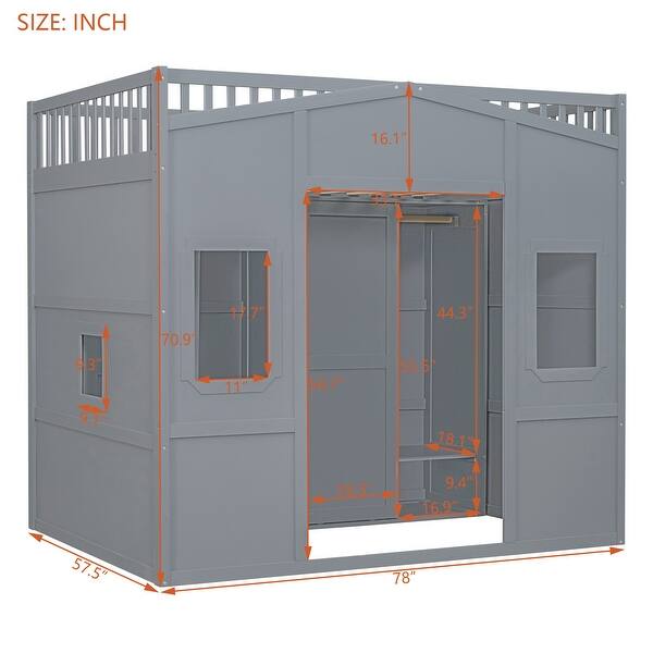 Full Size Wood House Loft Bed with Ladder and Wardrobe, Grey
