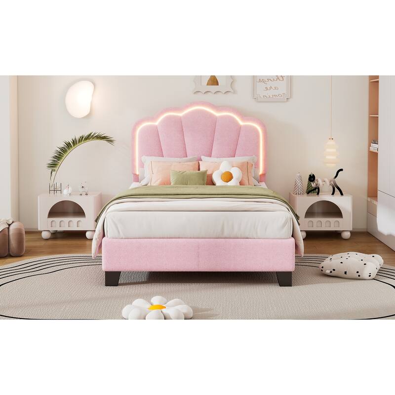 Twin Size Sherpa Fabric Upholstered Platform Bed with Floral Headboard and Wooden Slats