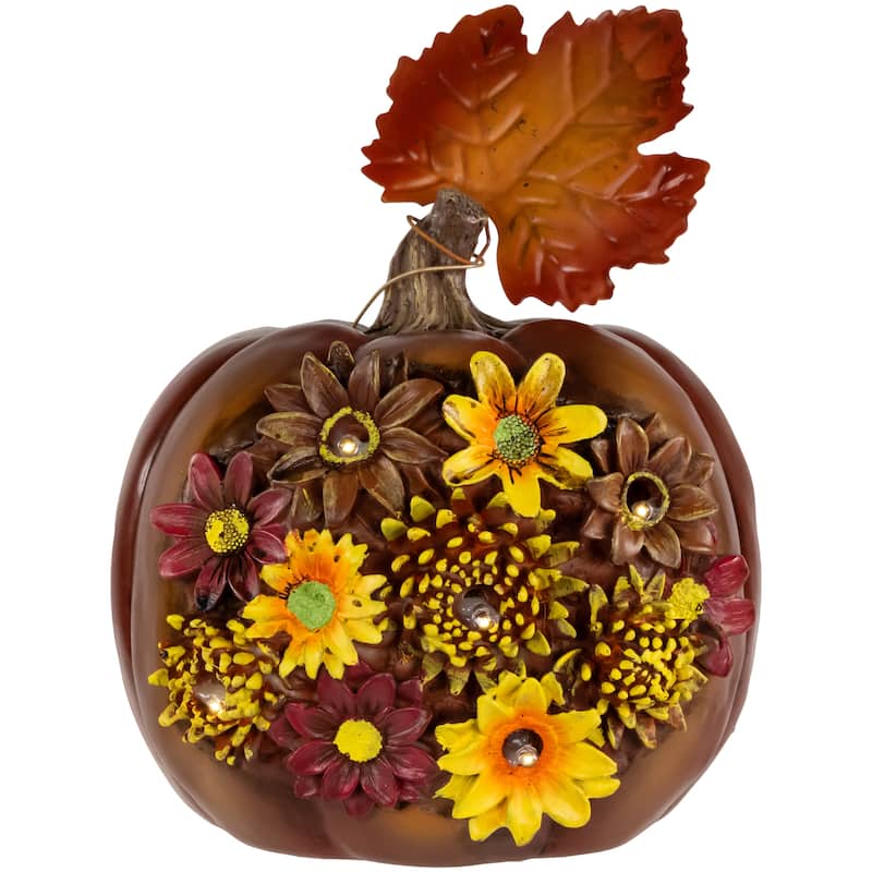 7.75" Brown Red LED Solar Floral Pumpkin Thanksgiving Table Decor
