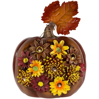 8" Lighted Solar Powered Floral Fall Harvest Pumpkin Outdoor Decoration