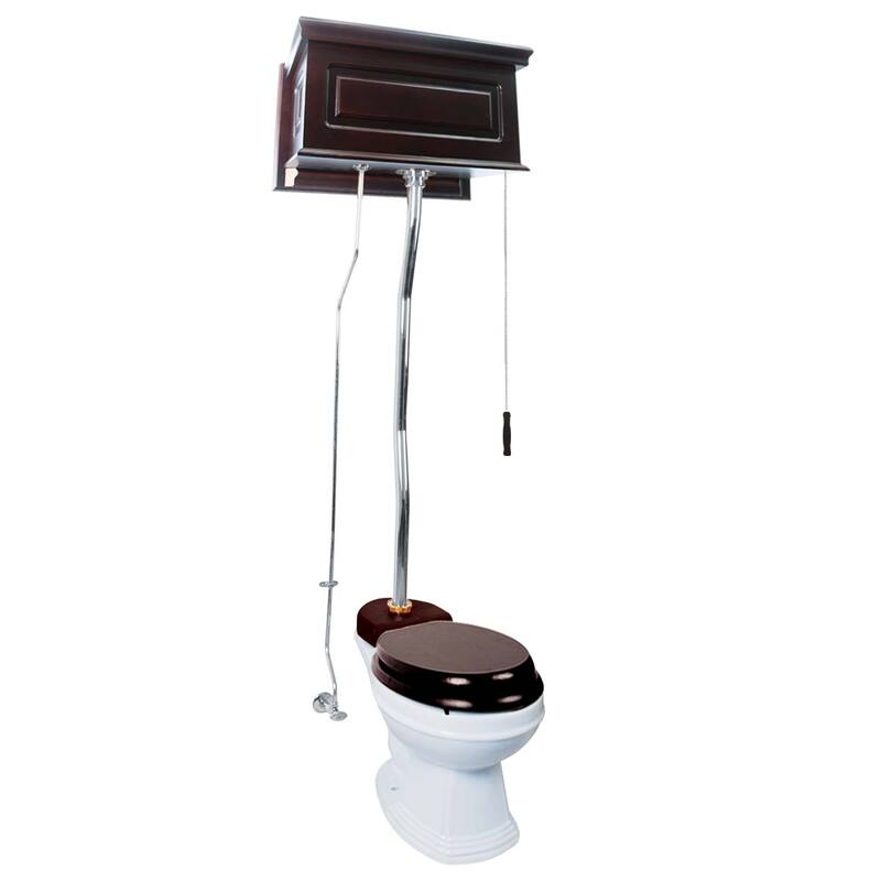 High Tank Toilet - Dark Oak Wooden Raised Tank, White Elongated Bowl and Chrome Z Pipe Renovators Supply