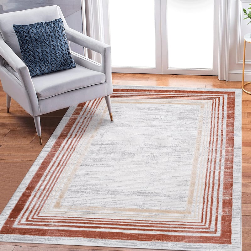 LOOM & LUXE Collection Brown/Ivory/Bordered Non-Shedding Area Rug