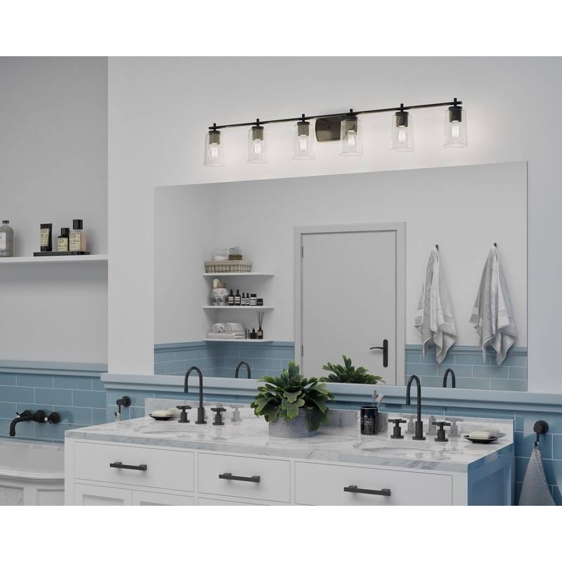 Adley Collection Six-Light Matte Black Clear Glass Bath Vanity Light - 48.5 in x 6 in x 7.62 in