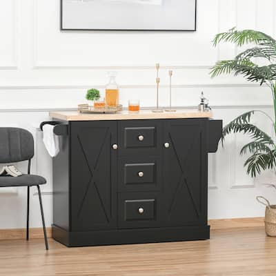 HOMCOM Farmhouse Mobile Kitchen Island Utility Cart with Barn Door Style Cabinets, Drawers and Wheels- Black - 49.5*18*36
